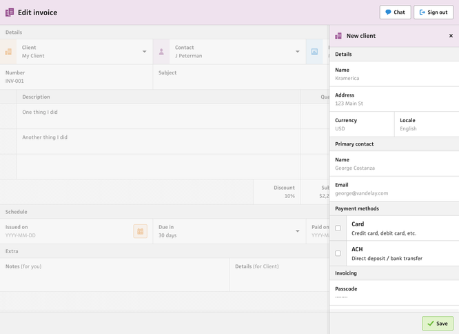 invoice form client sidebar