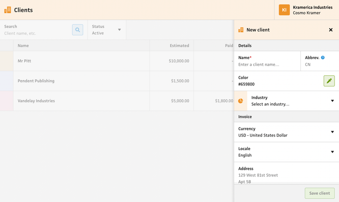 Clients section new client modal